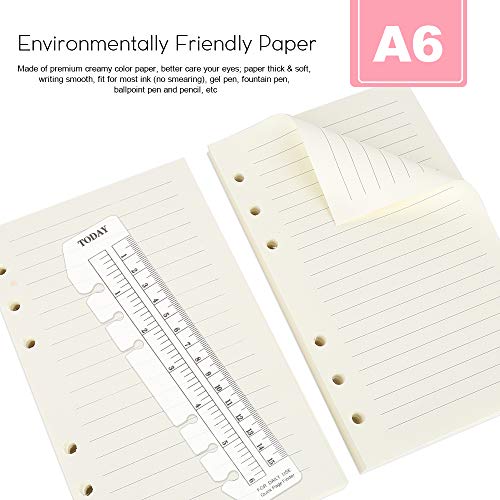 2 Pack A6 Refill Paper, 80 Sheets/Pack, 2Pcs Binder Pockets A6 Size 6 Holes, 2 Pack 160 Pieces Neon Index Tabs, 1 Pcs Ruler Clear Page Marker, LEOBRO A6 6 Holes Refillable Lined Craft Paper Set