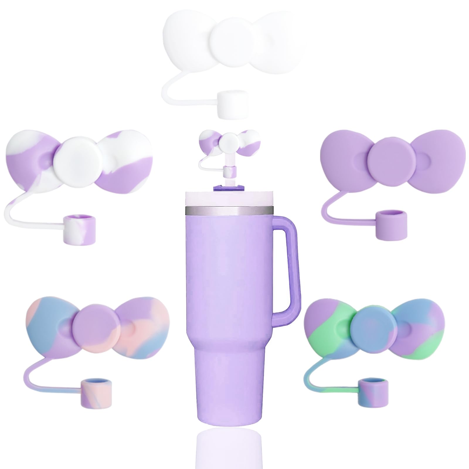 Lovely Bow Straw Covers Cap Toppers Compatible with Stanley 30&40 oz Tumbler Cups,Reusable Cute Silicone Straw Tips Lids Protectors for 0.4 in/10mm Stanley Cups Straws Accessories(5 Pcs)