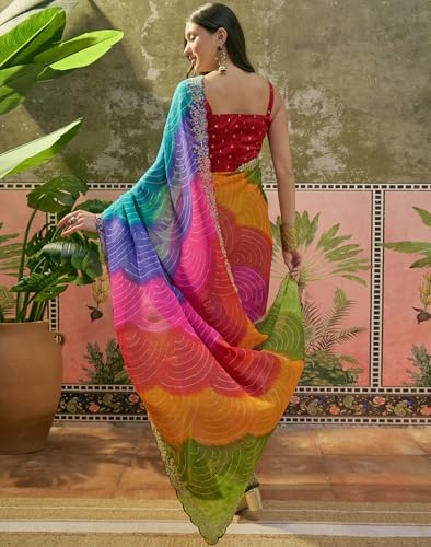Image of SIRIL Women's Chiffon Scalloped Border Sequins Embroidery Saree with Unstitched Blouse Piece