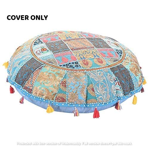 KLAVATE Indian Handmade Vintage Patchwork Cotton Boho Chic Bohemian Hand Embroidered Decorative Ethnic Foot Stool Round Floor Pillows & Cushion Cover Seating Pouf Ottoman (Turquoise, 18 inch)