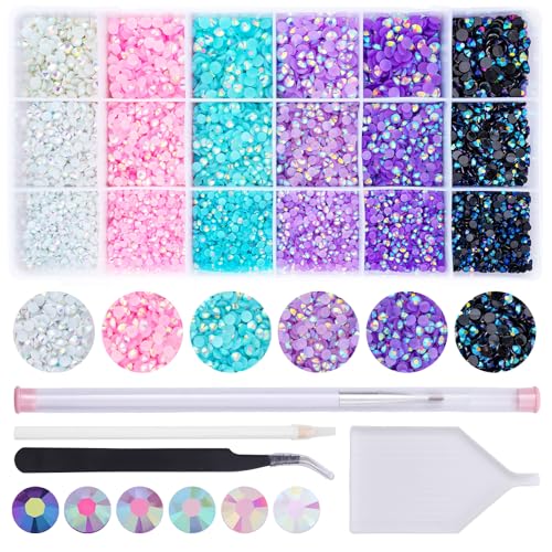 22380 pcs Resin AB Crystals Gemstones, 6 Colors Round Gems for Crafts Makeup Face Clothes Shoes Tumbler DIY Decoration 3/4/5mm (White Blue Purple Rhinestones)