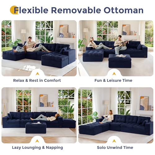 Image of MAXYOYO 132 inch U Shaped Modular Sectional Sofa with 2 Ottomans, Cloud Boneless Couch with Layered Cushion, Flexible Module Combination Sofa for Living Room, No Assembly Required, Navy