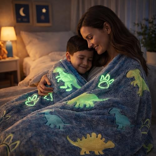 Image of Glow in The Dark Dinosaur Blanket for Kids, Blue | 240 GSM Premium Polyester Fleece, Ultra Soft Lightweight Cozy Throw, 200 x 150 cm, For Boys, Girls, Bed Sofa Travel