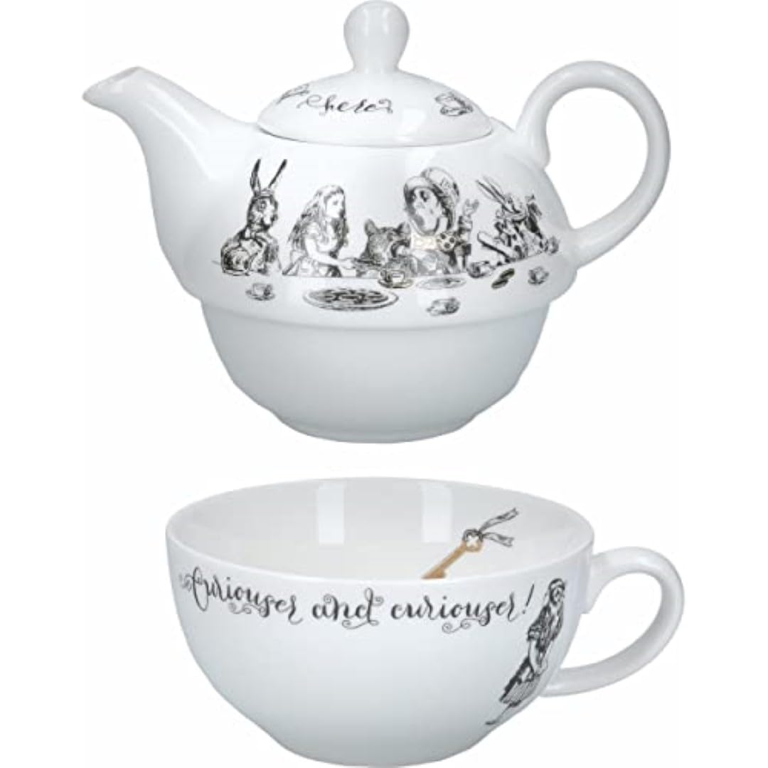 V&A Alice im Wunderland Teekanne und Tasse Set für 1 in Geschenkbox, Teeservice aus feinem China, weiß, 250 ml