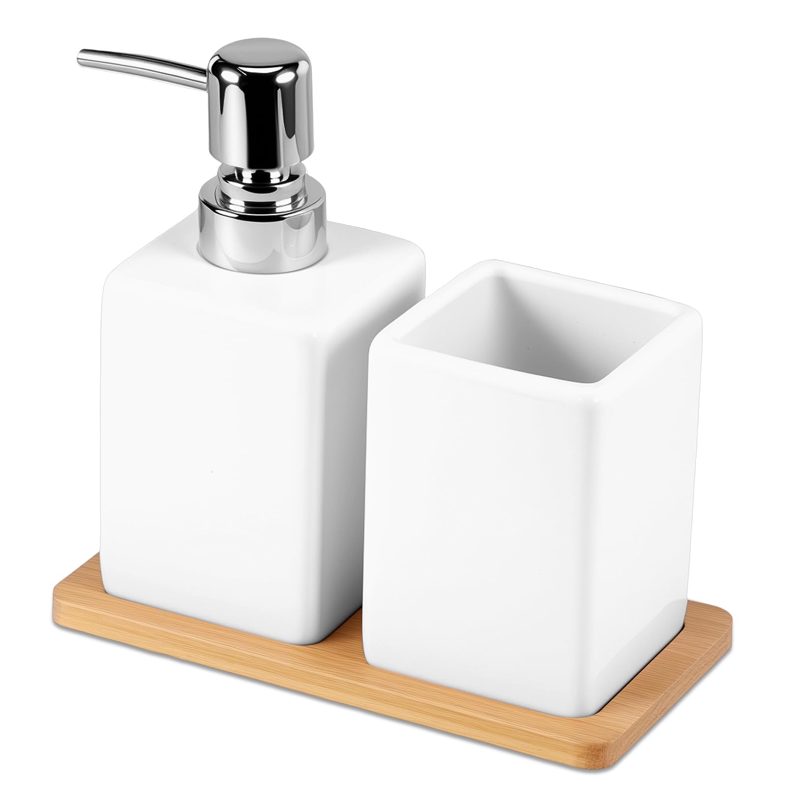 Bathroom Accessories Set, 3Pcs Soap Dispenser Toothbrush Holder & Bamboo Tray