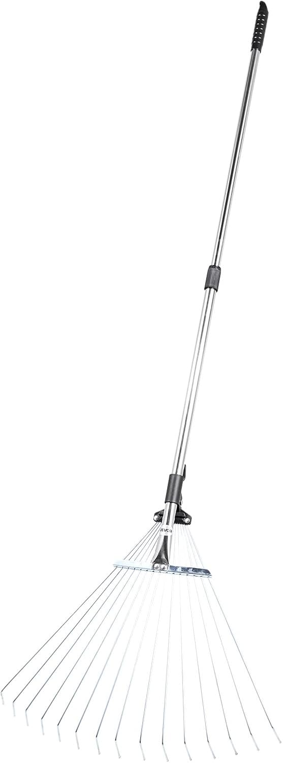 VEVOR Rastrillo de hojas, 15 dientes de metal, rastrillo de jardín ajustable para césped con cabeza de 7.5 a 22.4 pulgadas de ancho y mango largo de