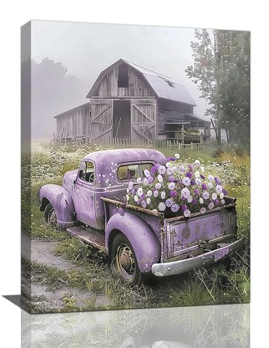 Farmhouse Truck Wall Decor Old Truck Pictures Wall Art Rustic Barn Canvas Painting Country Artwork Rustic Home Decoration for Bathroom Living Room Bedroom Office Framed 12x16 inch