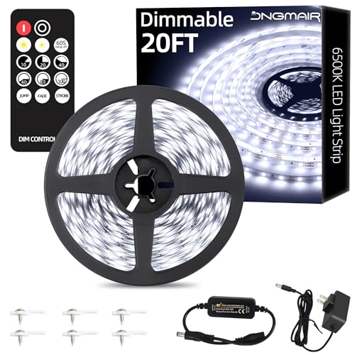 Image of 20ft LED Strip Lights with Remote, 6500K Daylight White Dimmable Tape Lights, 12V 360 LEDs 2835 Strong Adhesive Rope Lights for Cabinet Kitchen Ceiling Closet Vanity Mirror Stairway Basement