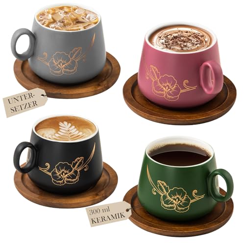 Yundu Lot de 4 tasses à cappuccino en céramique mate - 300 ml - Avec dessous de verre en bois et motif fleurs dorées - Avec soucoupes pour latte art, expresso, thé
