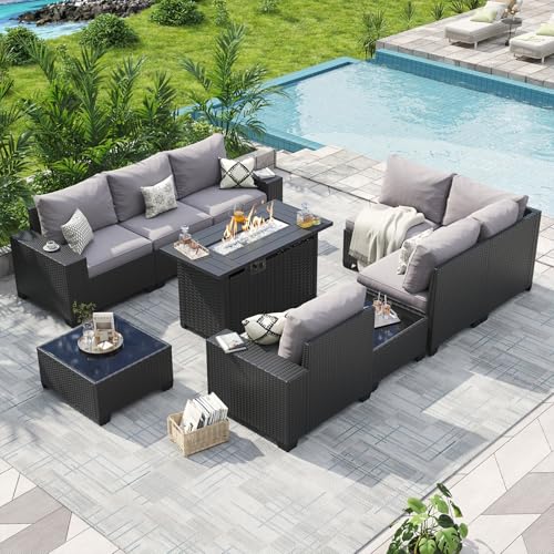 Aoxun Patio Furniture Sets with 44'' Fire Pit, 10 Pcs