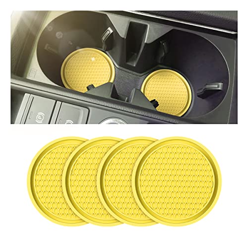 Car Cup Coaster, 4 Pack Universal Non-Slip Cup Holders Embedded in Ornaments Coaster, 2.75 Inch Durable PVC Car Coaster, Suitable for Most Car Interior Accessories (Yellow)
