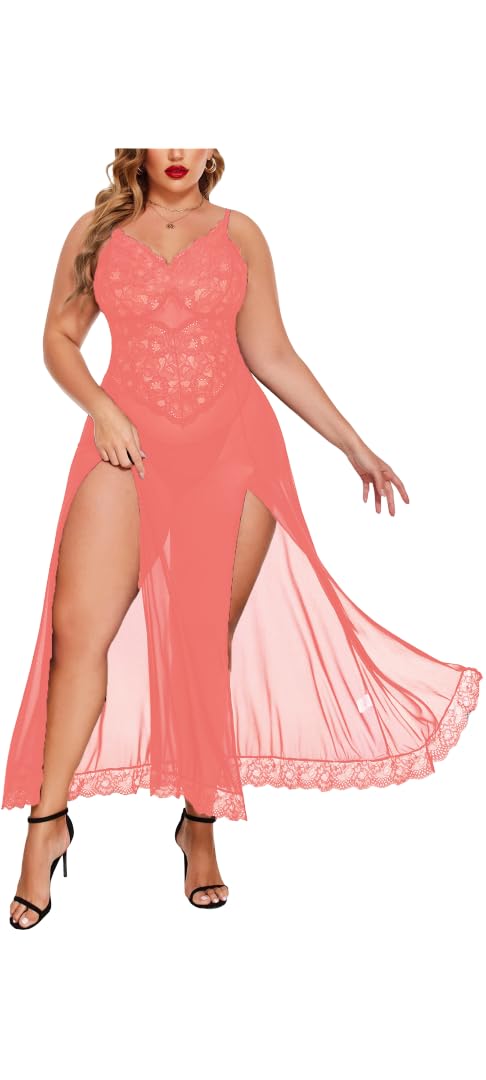 Women's Nylon & Polyester Sheer Lace Maxi Babydoll Nightgown – Mesh Long Dress with Floral Lace Bust, Adjustable Spaghetti Straps, High Side Slit, Soft Stretch Sleepwear, for Curvy Women-picture-18