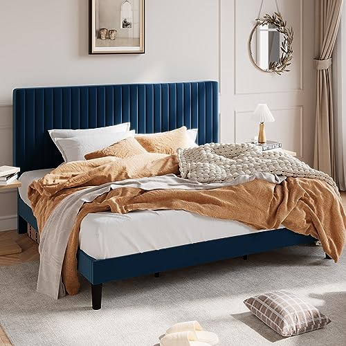 Image of SHA CERLIN King Upholstered Platform Bed Frame with Vertical Channel Tufted Velvet Fabric Adjustable Headboard, Wooden Slats Support, Mattress Foundation, Box Spring Optional, Blue