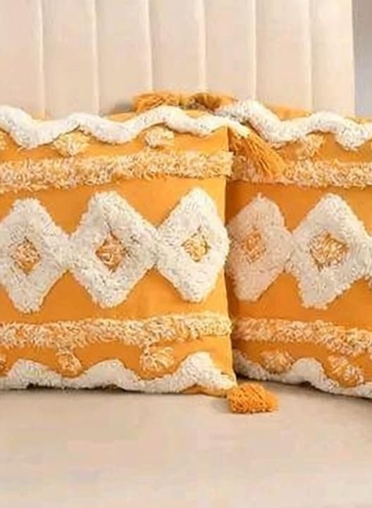 Image of Cushion Cover Pack of 4 (16x16 Inches) | Cotton Textured Decorative Throw Pillow Case for Sofa Bed Living Room Tufted Cushion Cover with Tassels (Yellow)