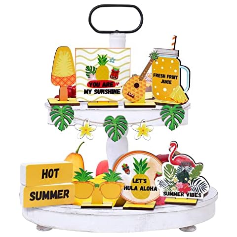 Summer Tiered Tray Decor,Fennoral 10 Pcs Farm Wood Tiered Tray Decor Summer Table Signs Hawaiian Luau Themed Party Decorations Flamingo Pineapple Decorative Trays for Home Beach Holiday Cover