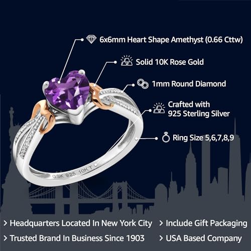 Gem Stone King 6MM Heart Shape Gemstone Birthstone and Diamond Engagement Ring | 925 Silver and 10K Rose Gold | Wedding Anniversary Promise Ring For Women | Available In Size 5, 6, 7, 8, 92