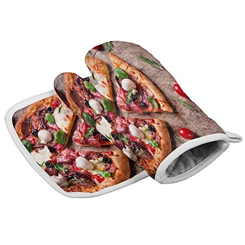 Chic Decor Home Set of Oven Mitt and Pot Holder Italian Pizza on Wood Oven Gloves Heat Resistance Non-Slip Surface for Kitchen BBQ Cooking Baking Grilling Food Themed