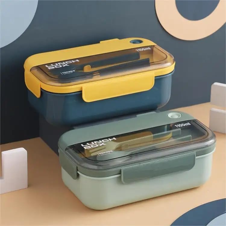 FAM Lunch Box For Kids And Adults 1100ml Two Compartments With Spoon And Fork – Lunch Container – BPA Free, Leak Proof Bento Lunch Box (Green & Yellow))