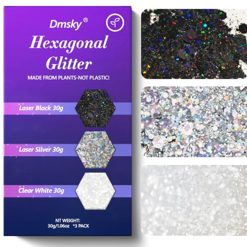 Dmsky Hexagonal Chunky Glitter 90g/3.18oz Craft Glitter for Crafts Resin Body Nail Face Hair DIY Decorations 3 Colors Non-Toxic Holographic Glitter Silver Glitter White Clear Glitter Black Glitter