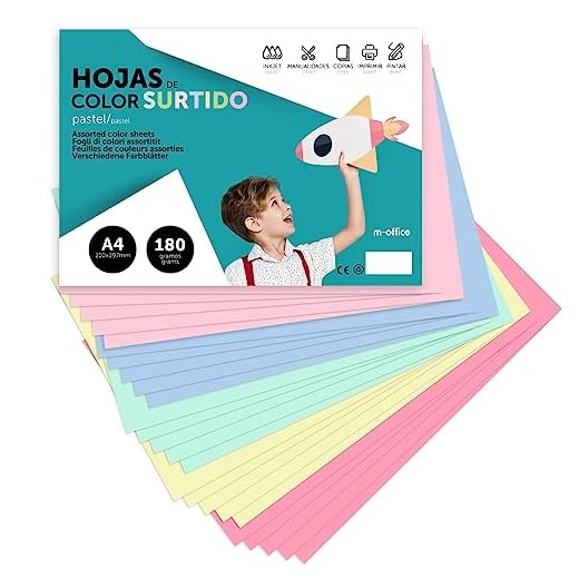 Cartulina de Colores, Cartulina A4 Colores Surtidos Pastel, Folios de Colores 180gr para Manualidades, Imprimir Documentos y Diseños Creativos, Folios de Colores A4 · m-office (x50 Surtido Pastel)