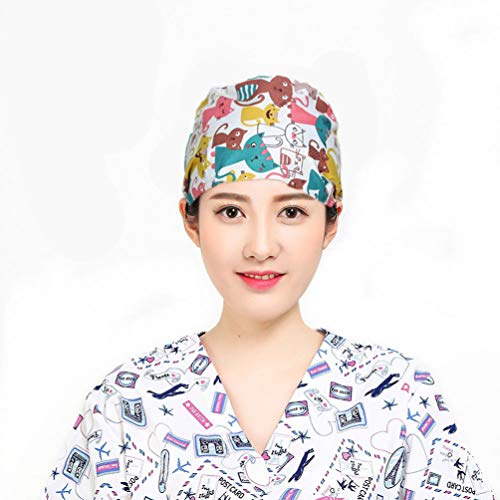 TENDYCOCO 2 peças gorro de cirurofano de algodão gorro médico para mulher gorro médico ajustável para médicos enfermeiros cabeleireiros trabalhadores farmacêuticos (cor flor de raposa variada)