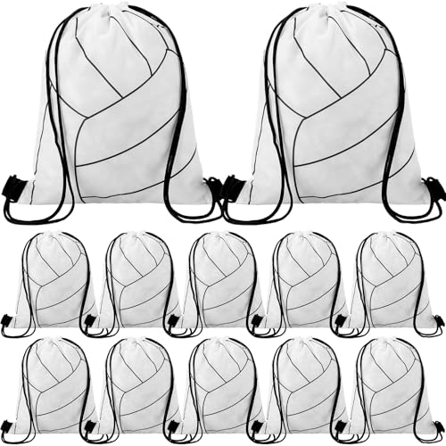 12 Pcs 12 In Volleyball Drawstring Backpack Bag Goodie Snack Gift Bags Sports Party Favors String Backpack Bulk(White)
