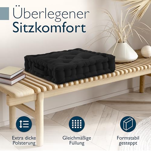 Beautissu Bodenkissen Sitzkissen 50x50 cm - Dickes Matratzenkissen 10cm - 100% Baumwolle Stuhlkissen Indoor & Outdoor Sitzkissen Boden Tragegriff extra Dicke Sitzauflagen Schwarz - Mila