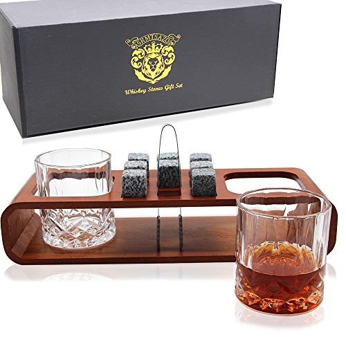 Super Big Clearance! Whiskey Stones Gift Set-13-Piece Whiskey Glass Set，2 Large Whiskey Glasses-11oz ，8 Granite Whiskey Rocks-3inch， Handcrafted Solid Wood Stand，Plastic Storage Tray And Tongs