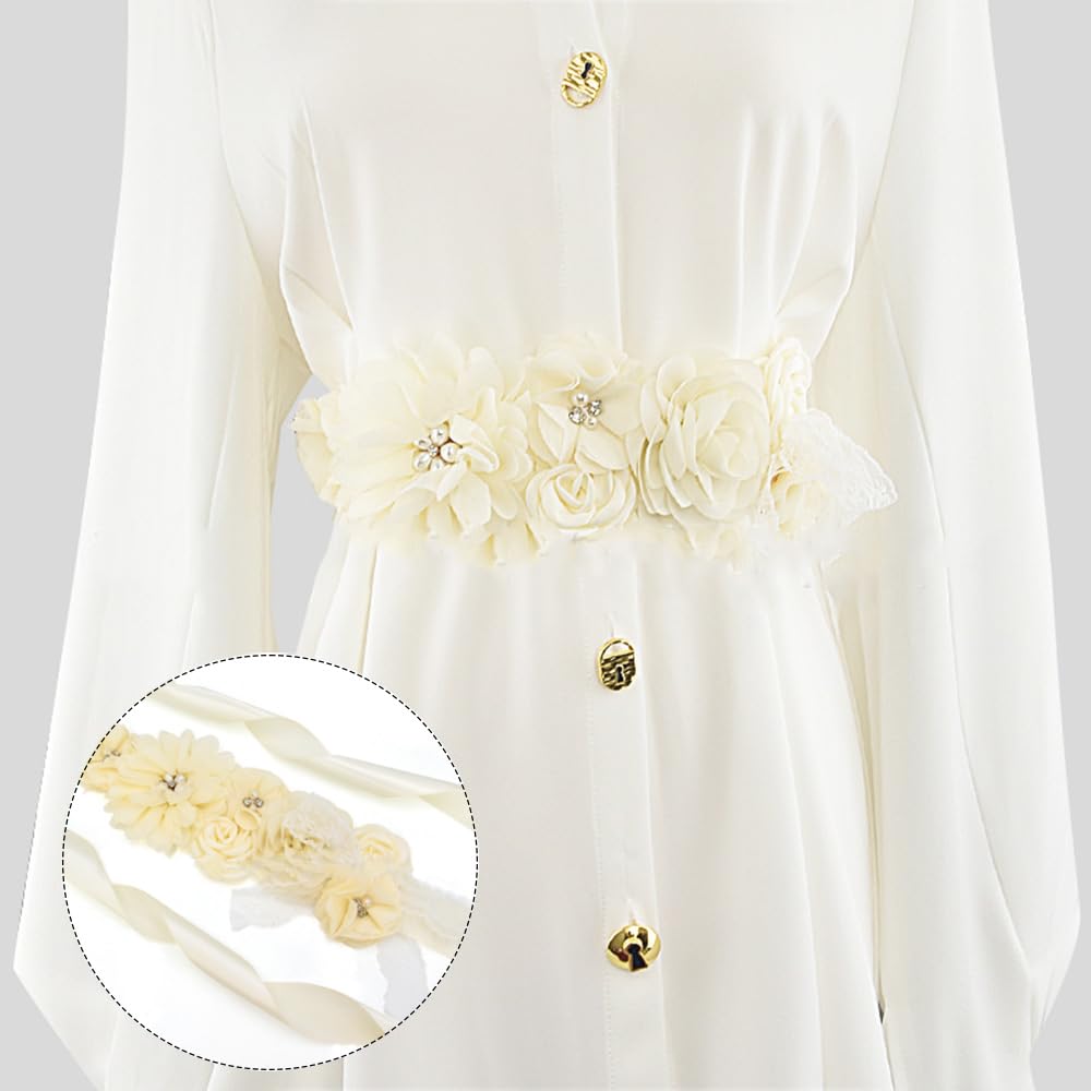 Cintura A Fascia Per Maternità Con Fiori E Perle, Beige, Lunga 269 Cm, Per Baby Shower E Abiti Da Sposa - 3
