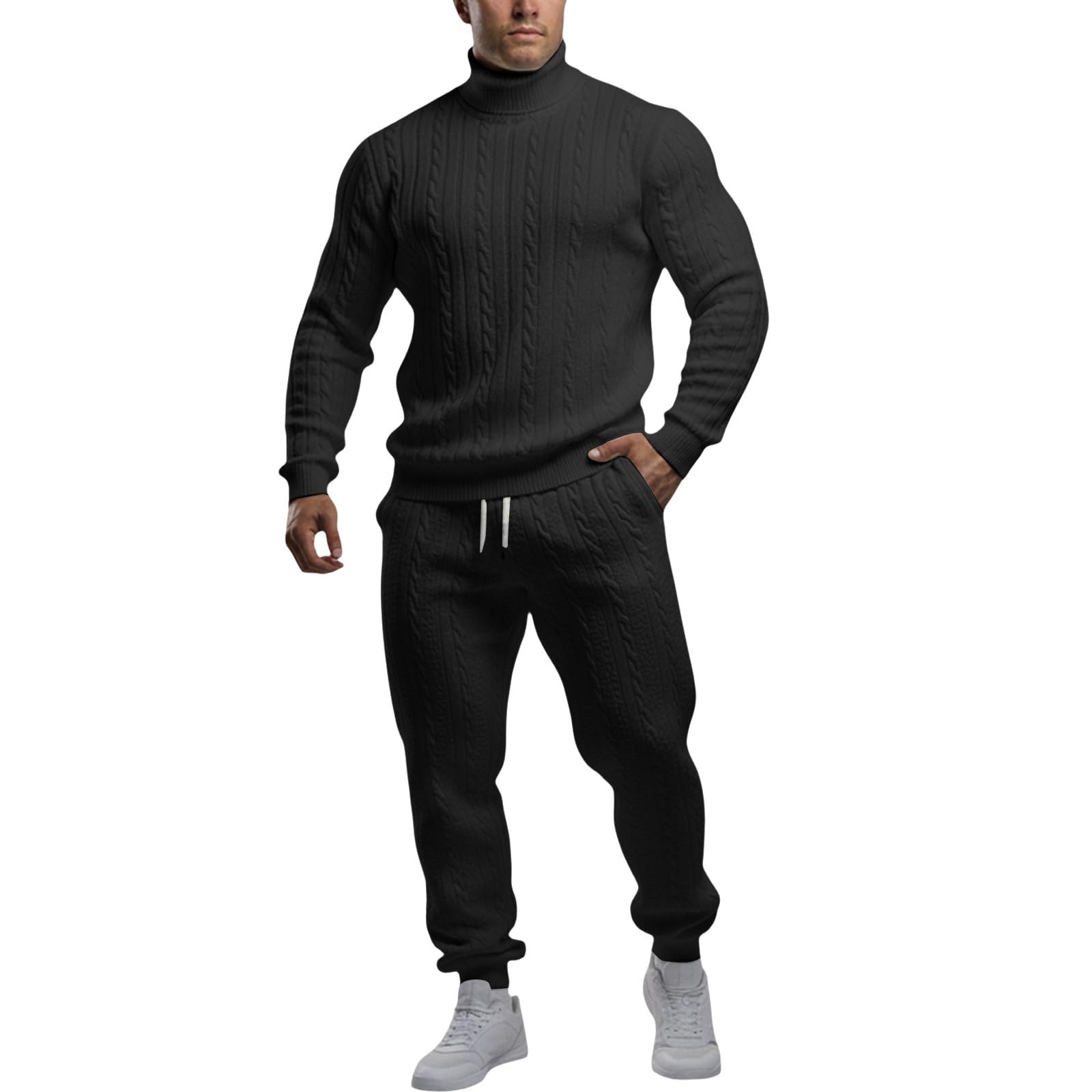 Herren 2 Pcs Jacquard Sweatsuit Freizeitanzug Outfits Rundhals Langarmhemd Sweatshirt & Joggers Sweatpants Set Einfarbig Jogginganzug