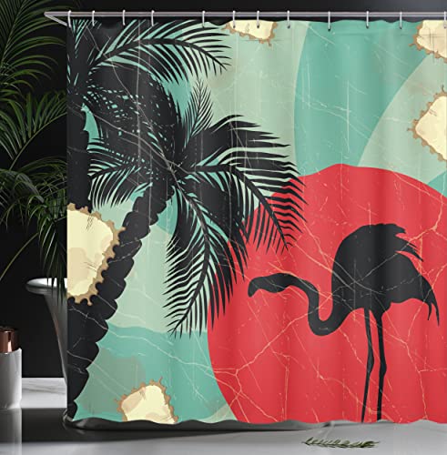 ABAKUHAUS Tropical Shower Curtain, Retro Style Grunge Hawaiian Composition with Flamingo Silhouette and Palm Trees - Image 3