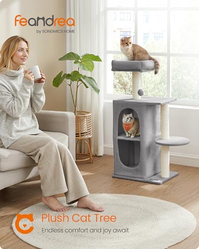 Feandrea Cat Tree Tower with 2 Caves, Scratching Posts, for Multi-Cat Households, Kittens, Light Grey PCT005G01 - Image 2