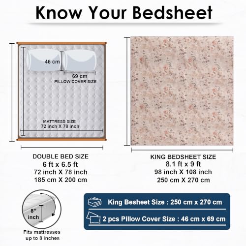 Image of Story@Home King Size Air Cotton Bedsheet 240 TC Flat Sheet with 2 Pillow Covers, Soft & Durable Bed Sheet for King Bed (250 x 270 cm, Floral Print, Ivory Rose)
