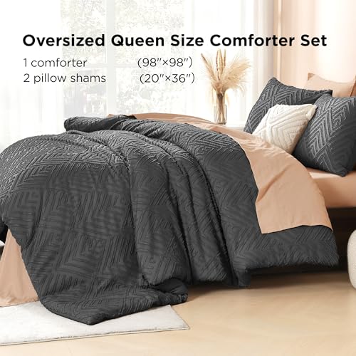 Image of Litanika Oversized Queen Comforter Dark Grey, 3 Pieces Tufted Boho Farmhouse Bedding Comforter Set, Lightweight Fluffy All Season Comforter Set (98x98In Comforter & 2 Pillowcases)