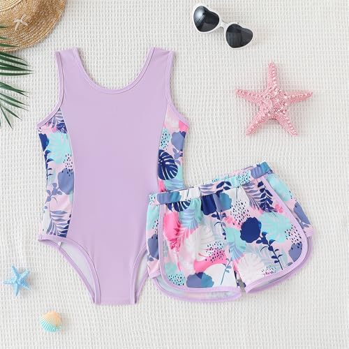 Kid Girl Swimsuit Bikini Set 2PC Bathing Suit for Girls, Tropical Girls' Full Coverage Swimwear Shorts Set(8-9Y) Purple2