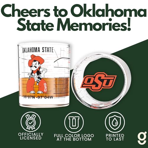 Image of Greenline Goods Oklahoma State University Cowboys Whiskey Glasses Set of 2, 10 oz Rocks Glasses with Full-Color Logo & Campus Map - Officially Licensed Bourbon Glass Gift for Alumni & Fans