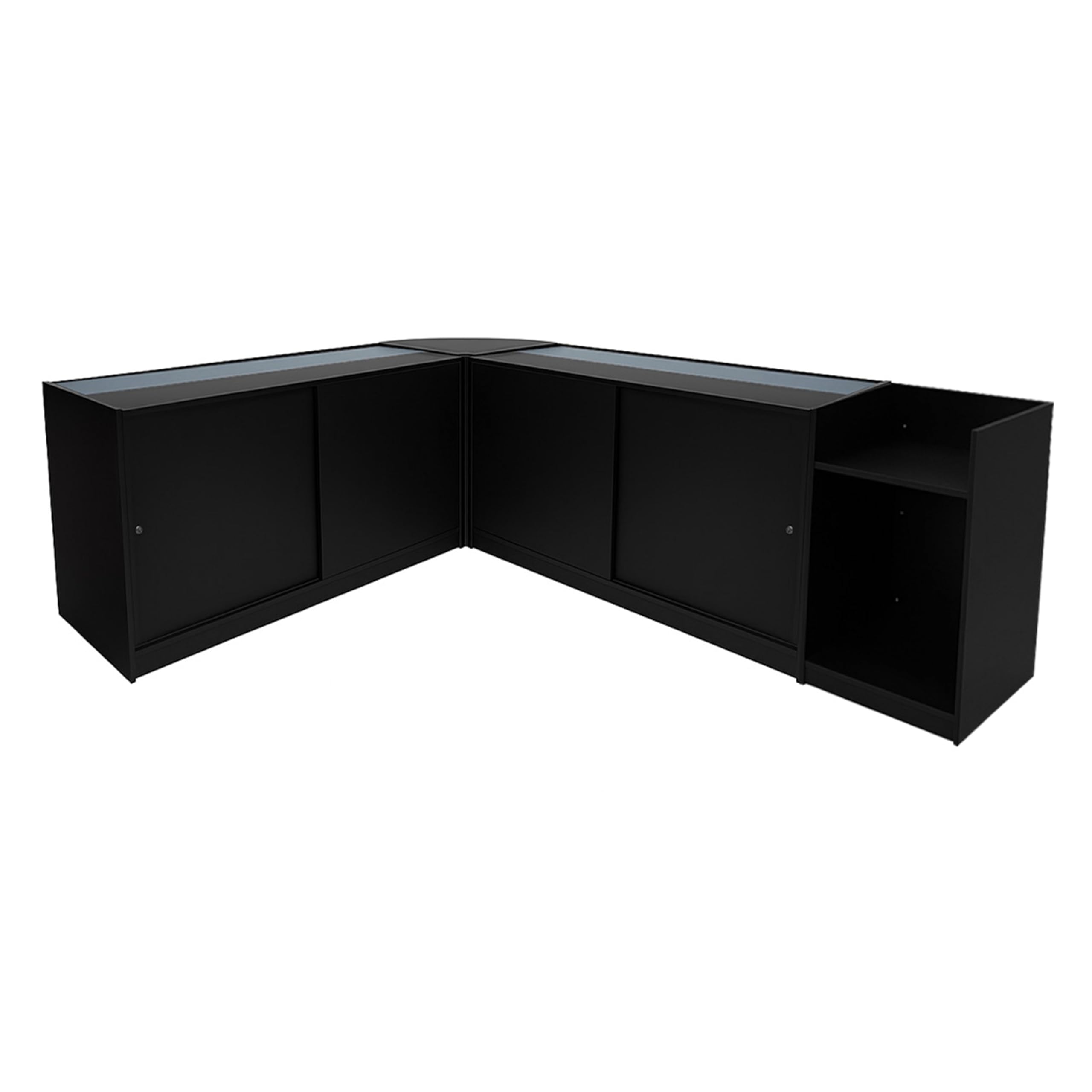 Black Shop Counter Set Europa LED Light B1500 C1500 LM60 TB60 150 cm 60 cm W Zamykane drzwi przesuwne Klucze Retail Storage Units Till Block Glass Display Gablota Szafka Narożna Odzież Biżuteria Półki