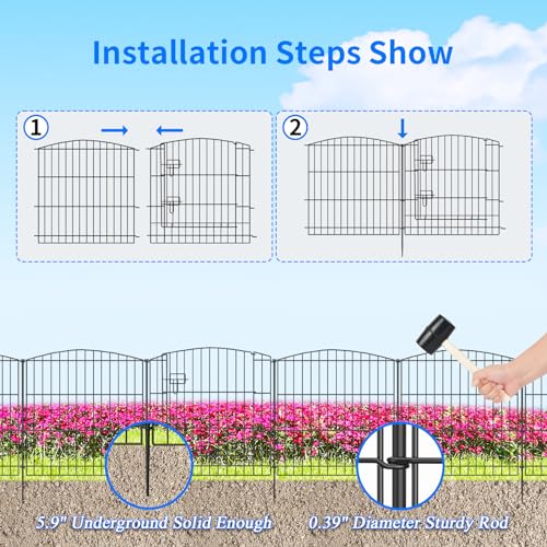 INJOPEXI Decorative Garden Fence - 12 Panels, 23.6ft (L) x 24in (H), Rustproof Wire, Animal Barrier - Black
