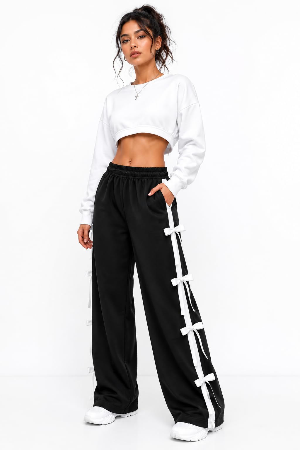 Women's Black Wide Leg Track Pants with White Bow Side Stripe, Elastic Waist, Mid Rise, Full Length, Cotton Blend (in, Alpha, S, Regular)-image-49