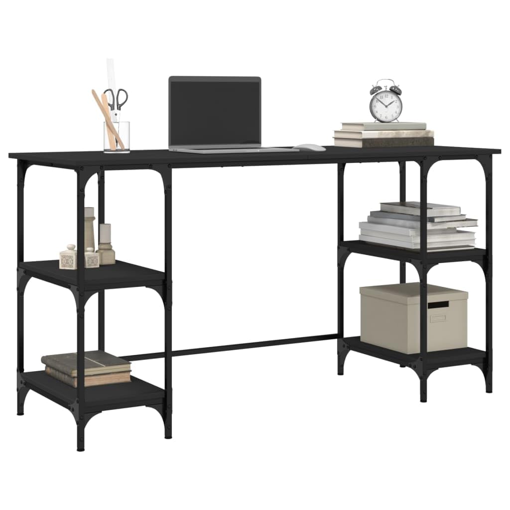 Escritorio negro 140 x 50 x 75 cm de metal y madera con patas ajustables, amplia superficie de trabajo, estantes flexibles para PC, portátil, oficina y oficina en casa