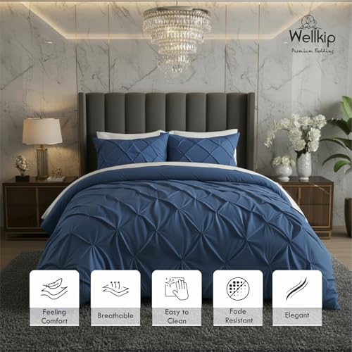 Image of Pinch Pleated Duvet Cover Set 1000TC 100% Cotton Premium 3-Pieces 1-Duvet Cover & 2-Pillow Cover Luxury Look Home and Hotel Zipper & 8-Tie Closure (Medium Blue, Queen 90 X 90 Inch)
