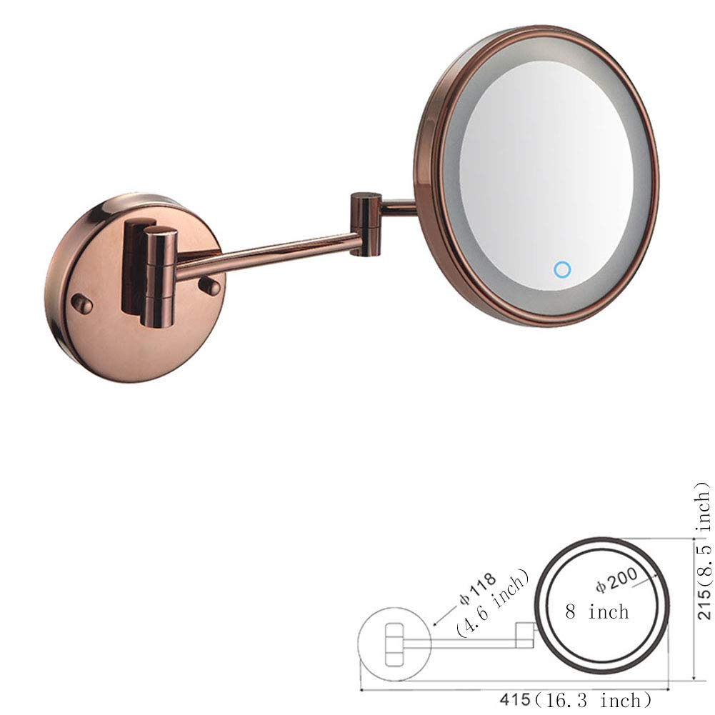 Espejo de maquillaje montado en la pared con Luces LDE, Espejo de baño de pared con lupa, pantalla táctil, giratorio de 360 grados, brazo extensible, Redondo, para baño (Oro Rosa 3X)