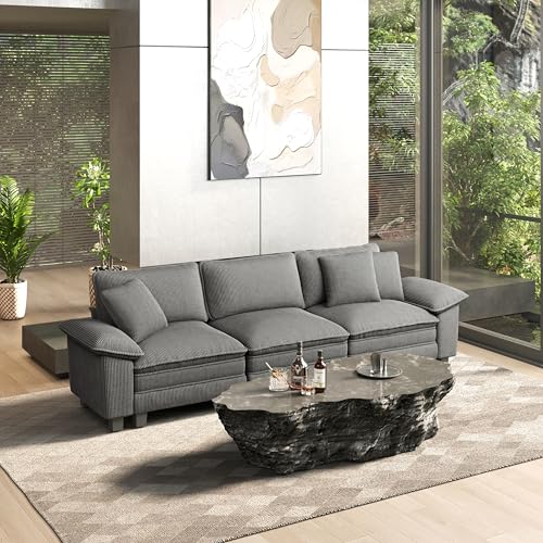 Image of HERA'S HOUSE 124 inch Oversized Modular Sectional Straight Sofa, Corduroy Grey | 3-Seater Living Room Couches, Wider Armrest and Deep Seat, Comfy Cloud Couch with Ottoman, Wood Sturdy Frame