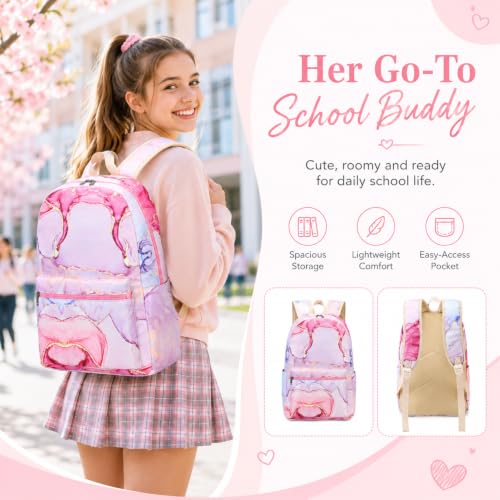 Image of LOIDOU Backpack for Teen Girls Bookbags School Backpack with Lunch Box and Pencil Case 3 in 1 School Bags Set (Pink)