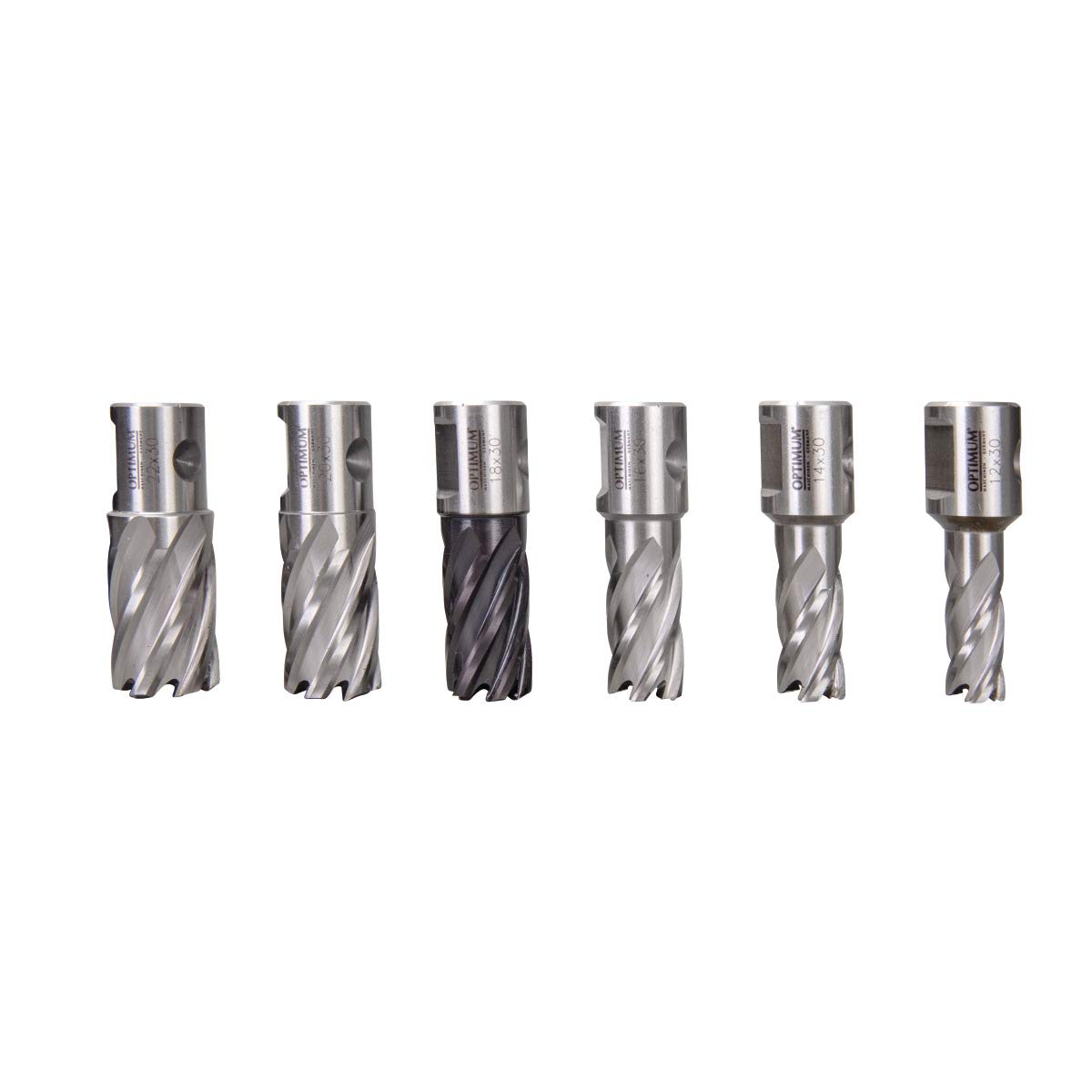 Optimum Kernbohrerset HSS-TiAlN 30 (6-teilig, ø 12/14/16/20/22/25 mm, Weldon, mit Auswerfstift), 3072010
