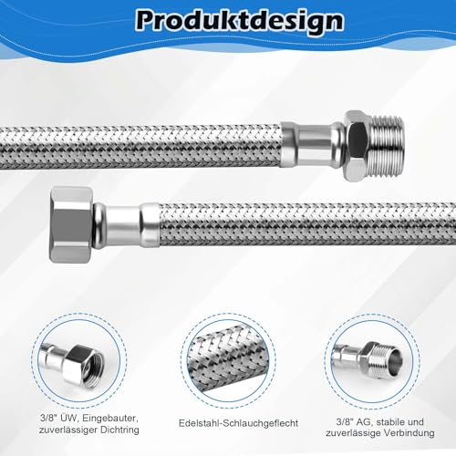 Flexschlauch 3/8, 4 Stück 304 Edelstahl Flexschläuche (10 cm und 20 cm), PanzerSchlauch 3/8 Zoll mit Überwurf und Außengewinde, Flexibler Schlauch für Wasserhahn, Waschmaschine, Duschkopf, Toilette