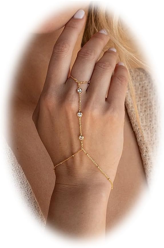 Hand Chain Ring Bracelet for Women Beaded Finger Chain Bracelets Rhinestone Ring Bracelet Jewelry Gifts