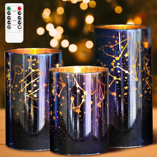 Image of MELTONE Celestial LED Flameless Candles Set of 3, Remote Control with Timer, Constellation Design Glass Candles