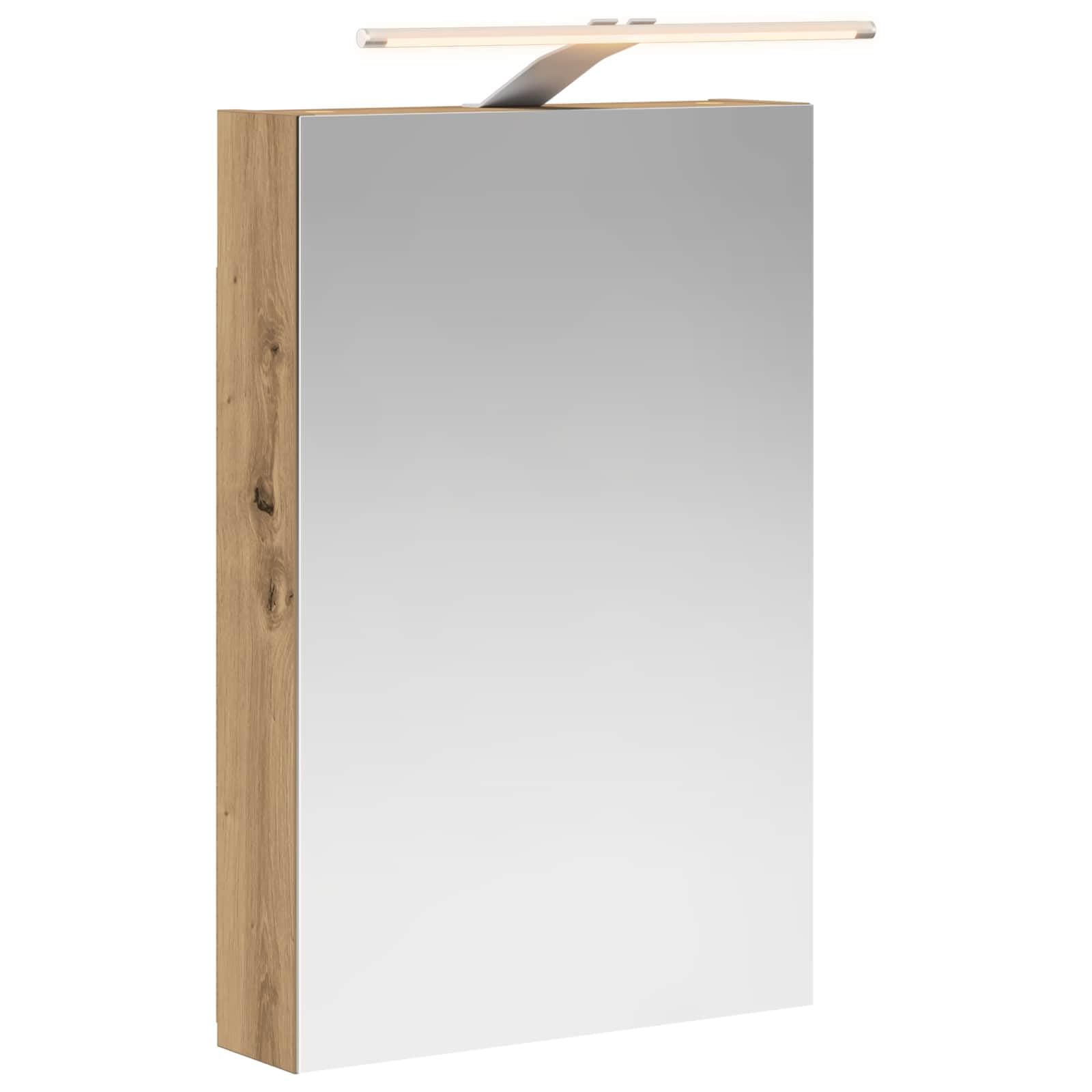 Armario con espejo de baño con estante y puerta en madera de roble artesanal, 40 x 10,5 x 60,5 cm, con tiras LED y espejo de dos vías para muebles de baño, espacio de lavado, espacio de