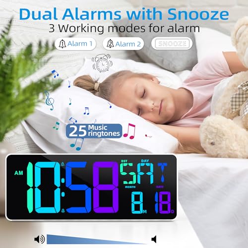 Image of Large Digital Wall Clock Timer 13.5 inch Large Display Available In 11 Color Modes LED Wall Clock with Temperature Day of the Week Clock Auto-Dimming for Home Gym Office 2 Groups Alarm 25 Music Ringtones